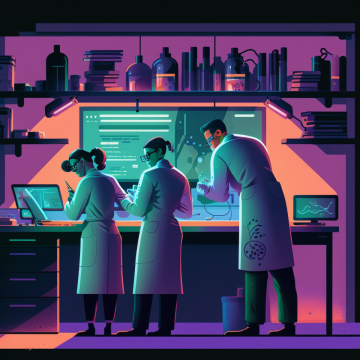 an AI created image of three people working in science